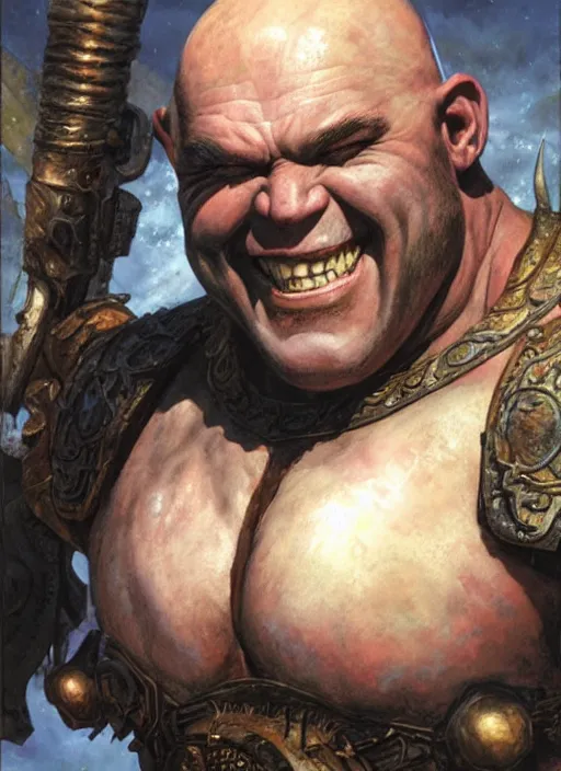 Prompt: a fantasy comic book style portrait painting of a grinning bald half - orc male warrior, art by donato giancola and bayard wu and gustav moreau and wayne barlowe