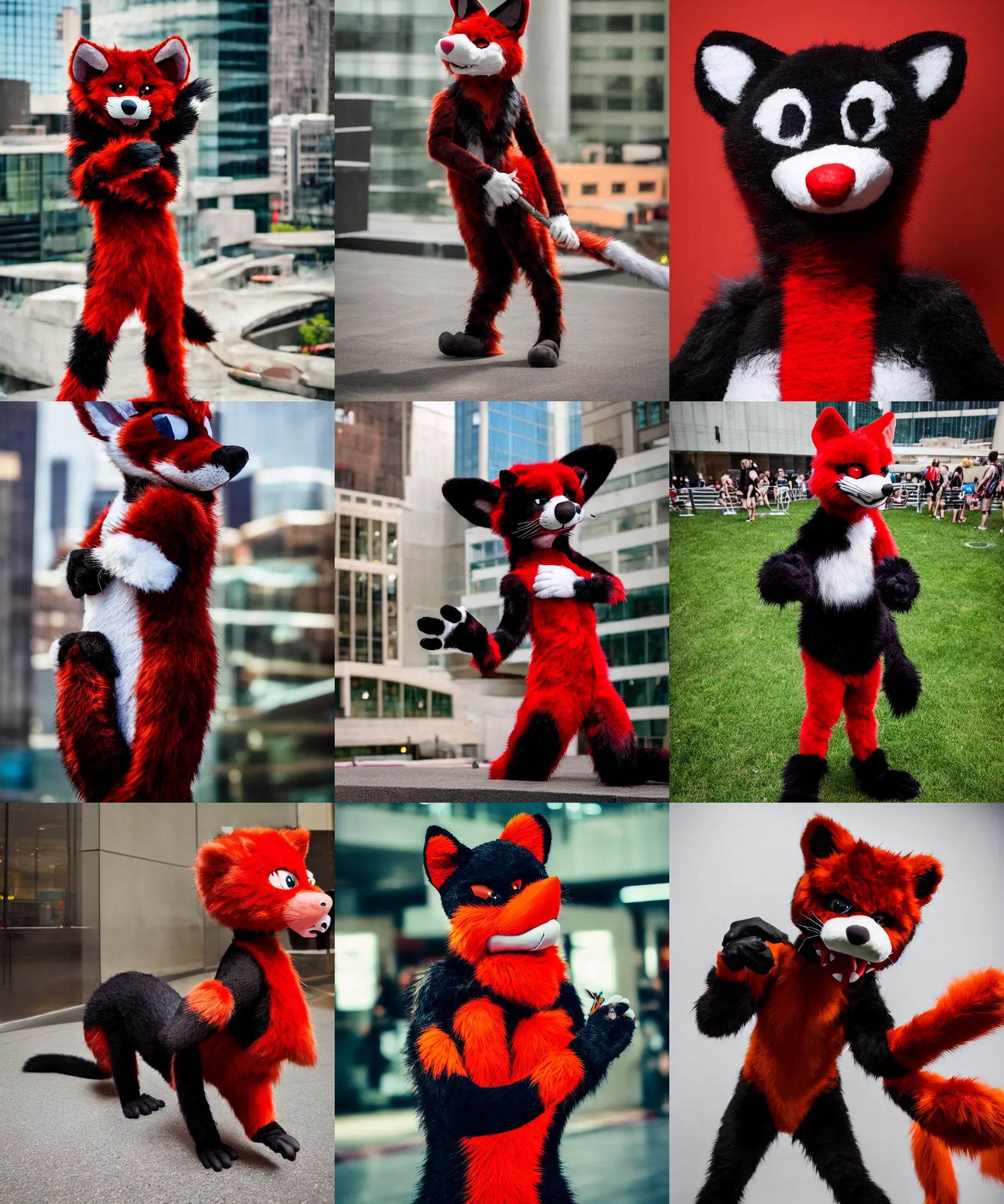 Image similar to photo of a fursuiter posing | | fullbody photoshoot photo portrait of a cute roguish male red - black furred weasel furry fursuiter ( tail attached ), key visual, taken at anthrocon ( furry convention )