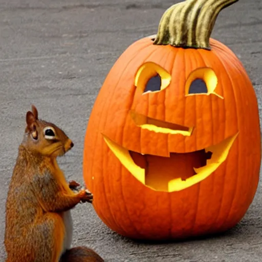 Prompt: squirrel with pumpkin head