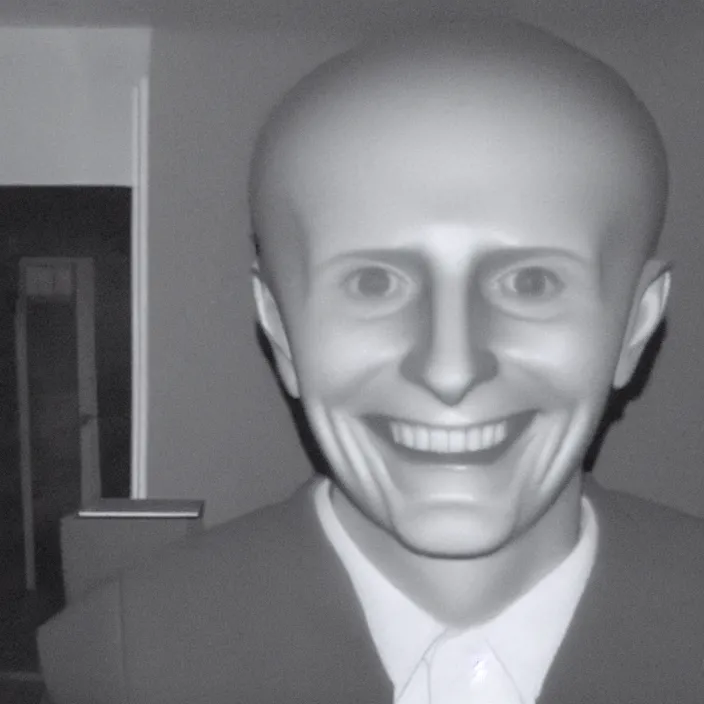 Prompt: cctv footage of an uncanny figure smiling at the camera, creepy