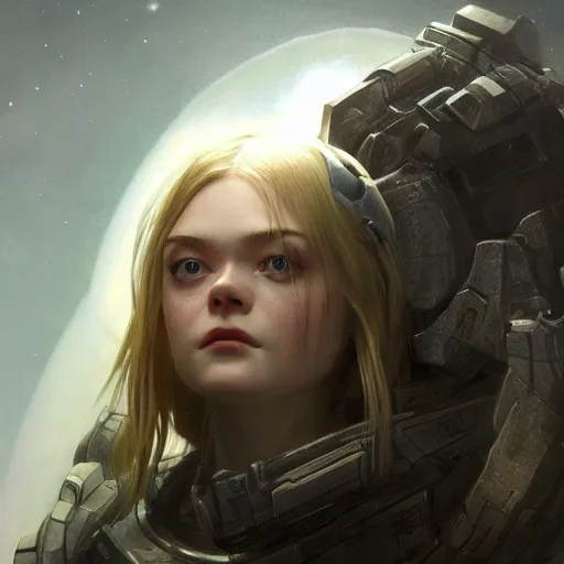 Image similar to ultra realistic medium shot masterpiece portrait painting of elle fanning in the painted world of prey and halo 2, cosmic horror, artstation, art by frank frazetta, 4 k, ultra realistic, highly detailed, epic lighting