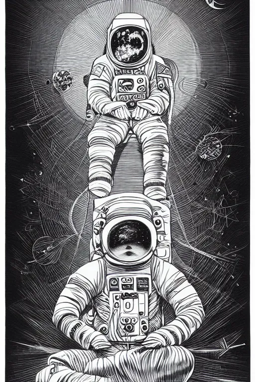 Image similar to 'meditating astronaut by Aaron Horkey, photorealism, line-drawing, black ink on white paper'