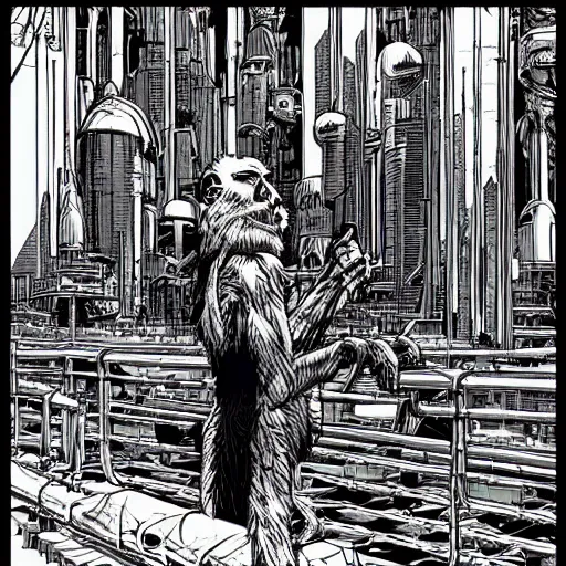 Image similar to a cyberpunk monkey in a spaceport by jean giraud