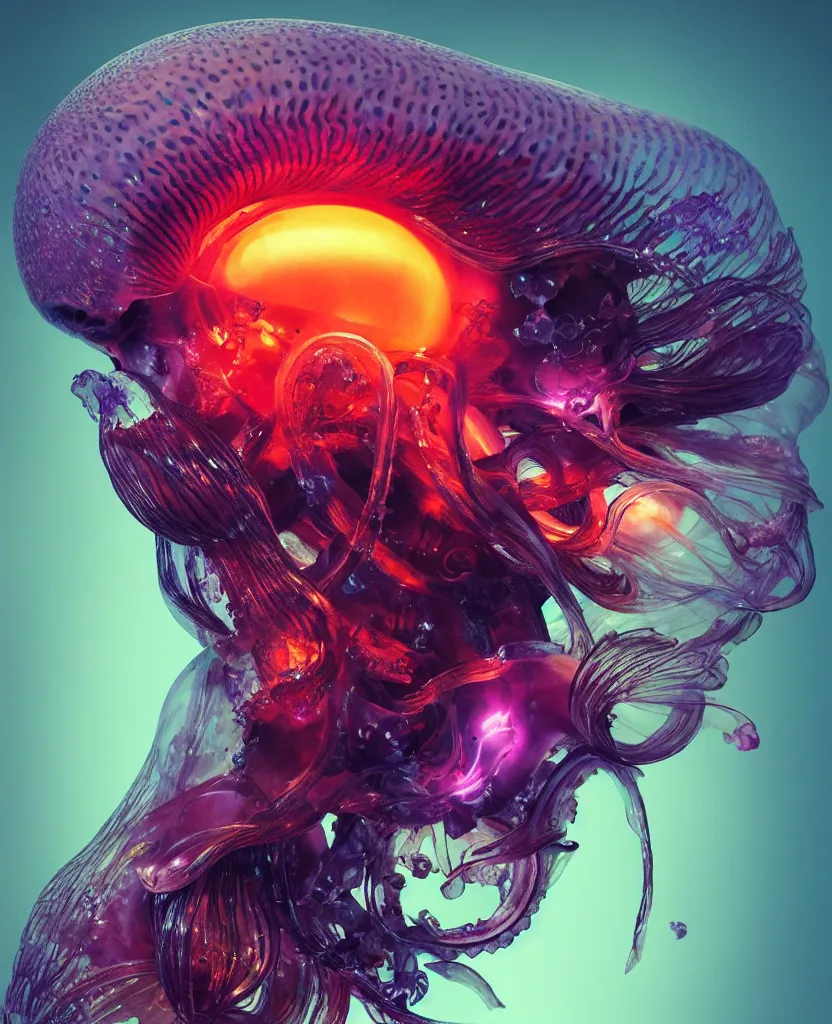 Image similar to goddess close-up portrait animal skull. jellyfish phoenix head, nautilus, orchid, skull, betta fish, bioluminiscent creatures, intricate artwork by Tooth Wu and wlop and beeple. octane render, trending on artstation, greg rutkowski very coherent symmetrical artwork. cinematic, hyper realism, high detail, octane render, 8k