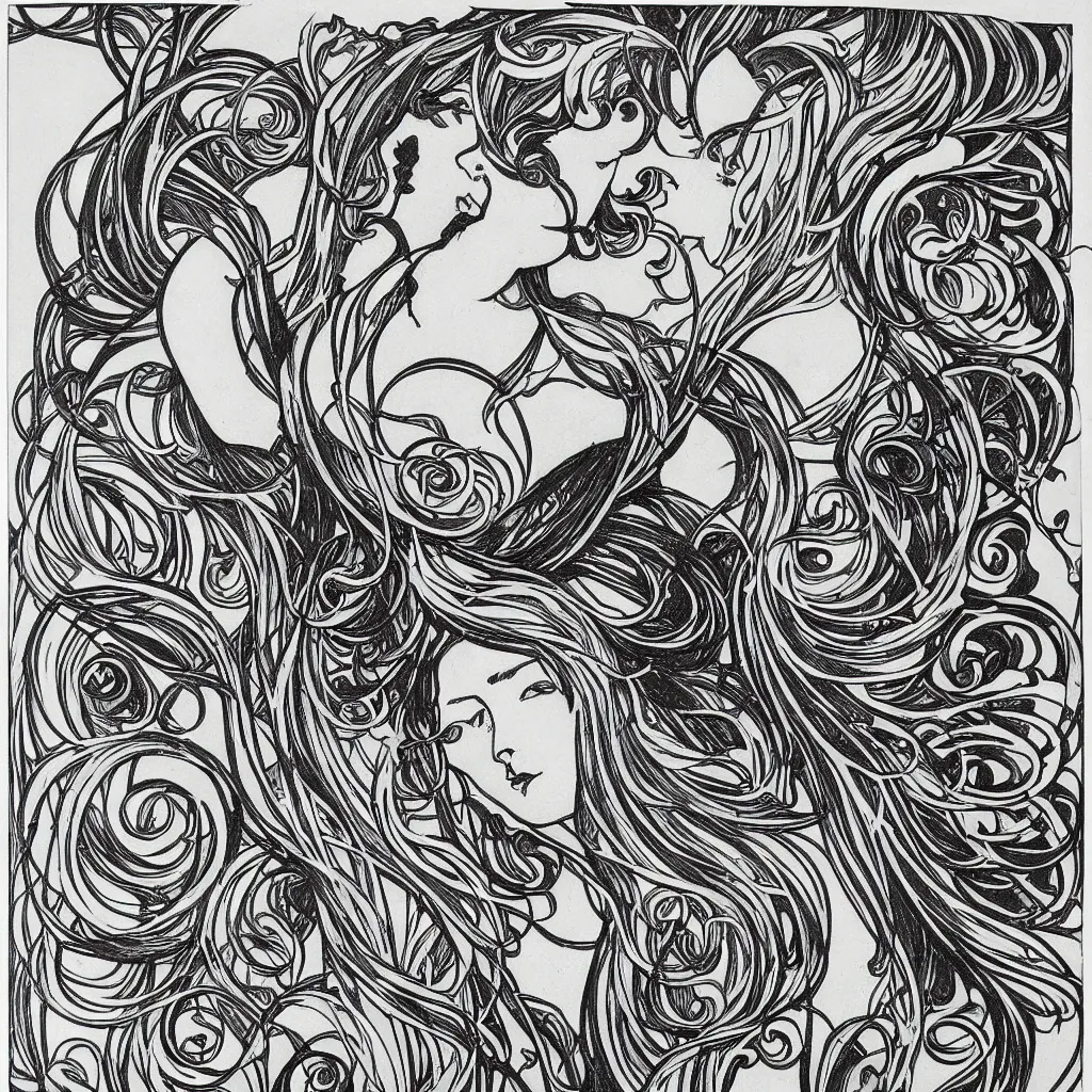 Prompt: extremely detailed black and white notebook doodles drawings musings art deco with alphonse mucha filgree scrollwork and clear composition