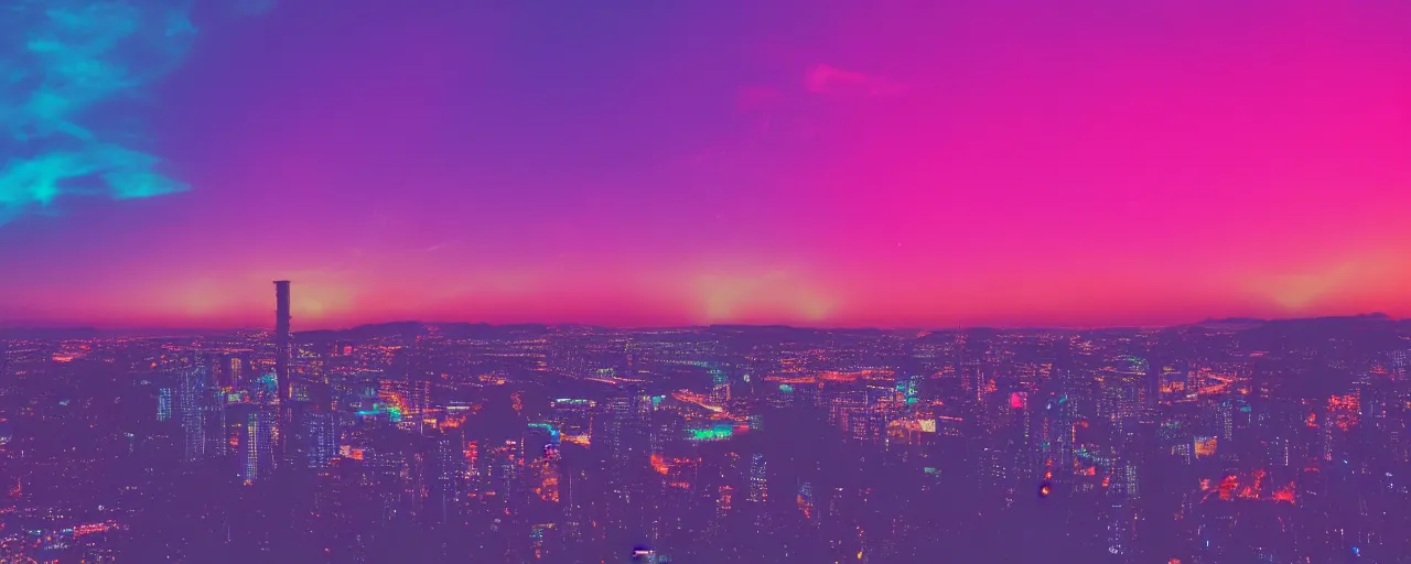 Image similar to night city, neon lights, glow, retrowave style, sunset
