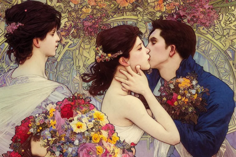 Image similar to the groom kisses the bride at a wedding full of flowers, bright and happy, dreamlike art, highly detail, 4 k realistic, wedding photoy krenz cushart. artem demura. alphonse mucha. yoji shinkawa artgerm. jon lothian. danilo torres. adi meyers. thomas reimann. gaston bussiere.