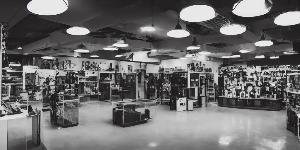 Prompt: a photo of a clean alien shop that sells guns, futuristic, holographic, 8k, sharp focus, Fujifilm