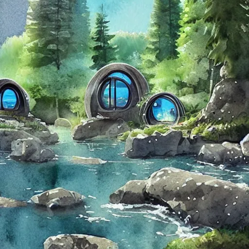 Prompt: beautiful happy picturesque charming organic sci - fi pod homes in a beautiful natural scene. water, trees and rocks. beautiful light. grainy and rough. soft colour scheme. beautiful artistic detailed watercolor by lurid. ( 2 0 2 2 )