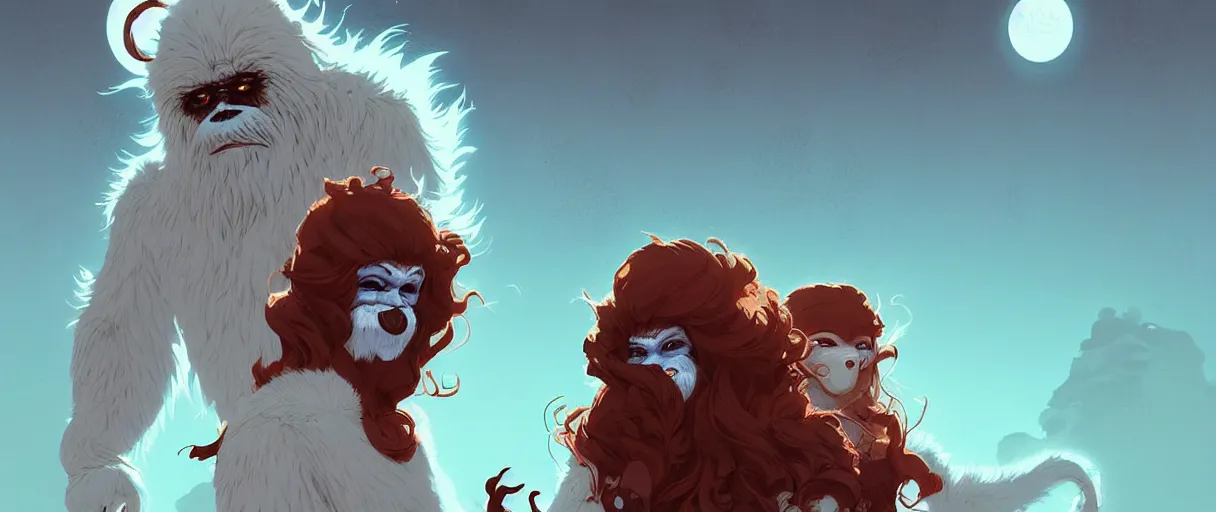 Image similar to beautiful artistic - wave highly detailed portrait yeti and bigfoot, with kitsune mask, long red hair, by atey ghailan, by greg rutkowski, by greg tocchini, by james gilleard, by joe fenton, by kaethe butcher, dynamic lighting, gradient light blue, brown, blonde cream and white color scheme, grunge aesthetic