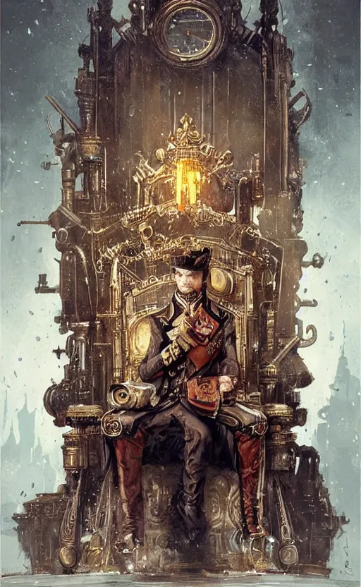 Image similar to « beautiful comic style painting of steampunk king on the throne by greg rutkowski, very detailed »