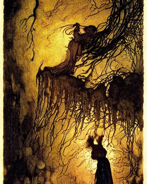 Prompt: a person conjuring!!! an image!!! from of noise!!!, by arthur rackham, maxfield parrish, and larry elmore, kodachrome colors, intricate, chaotic, fantasy realism, hopeful, volumetric lighting