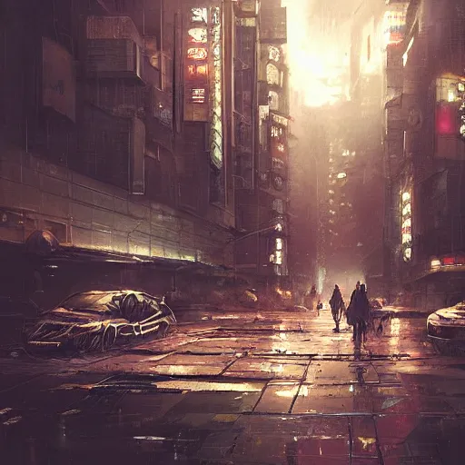 Image similar to tokyo in a post apocalyptic earth as seen by greg rutkowski, dark theme, enchanted, warm colors, high quality, waw, trending on artstation