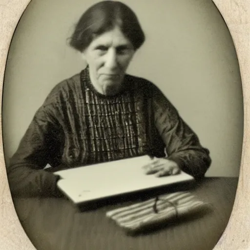 Image similar to Nan in 1910 using an laptop, daguerreotype photo, HD