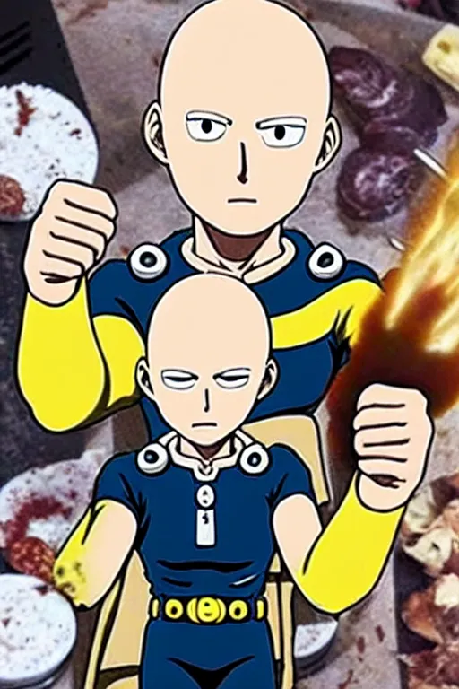 Image similar to baker saitama one punch man, armed with french baguettes