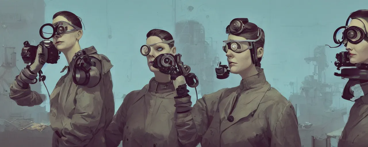 Image similar to illustration 3 / 4 portrait of stoic heroic emotionless butch blonde woman engineer with short slicked - back hair, wearing victorian goggles, no makeup, awkward and uncomfortable and anxious, dirty, dynamic composition by sachin teng and sergey kolesov and ron cobb. industrial space program, scifi, hyper detailed. octane render. concept art. trending on artstation