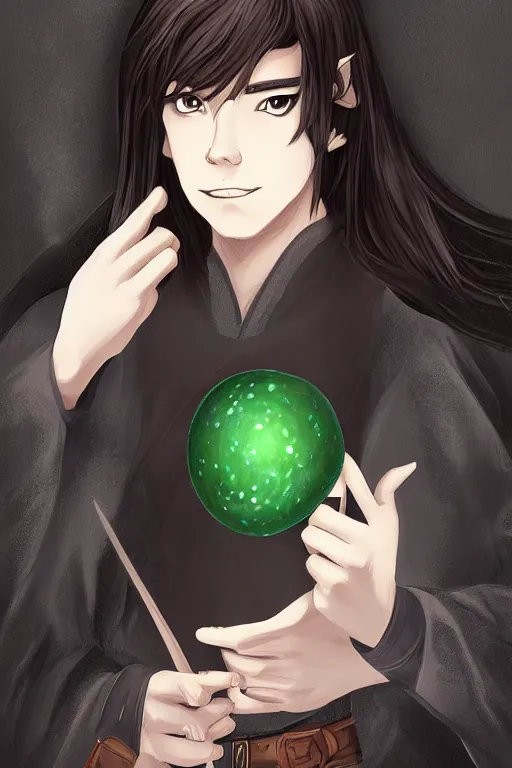 Prompt: portrait of elven teenage boy mage with long black hair holding dragon egg digital painting modern fantasy webtoon manhwa