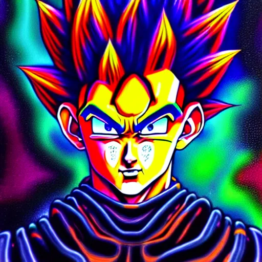 Image similar to An extremely psychedelic portrait of Goku, surreal, LSD, face, detailed, intricate, elegant, lithe, highly detailed, digital painting, artstation, concept art, smooth, sharp focus, illustration