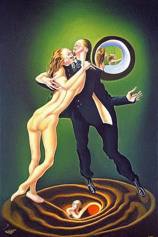 Image similar to optical illusion painting of a couple dancing in a worm hole, illusionism, look twice, mind blow, by damien gilley and salvador dali, detailed