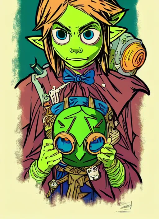 Image similar to majoras mask link from zelda!! portrait illustration, pop art, splash painting, art by geof darrow, ashley wood, alphonse mucha, makoto shinkai