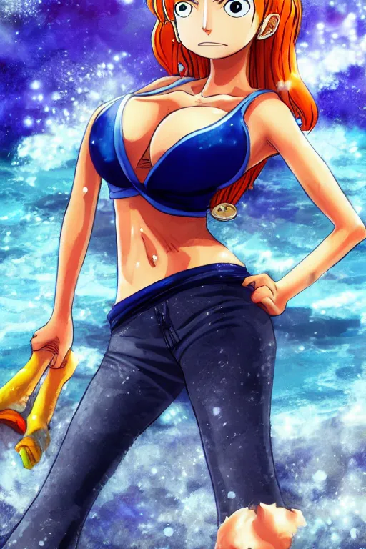 Prompt: A full portrait photo of nami one piece, f/22, 35mm, 2700K, lighting.