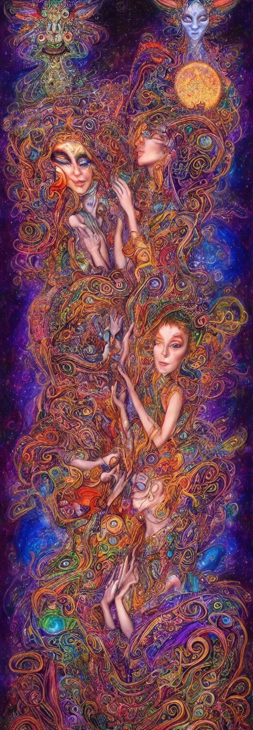 Image similar to two psychedelic shamans intertwined in a cosmic entanglement by Josephine Wall and Daniel Merriam, Artstation