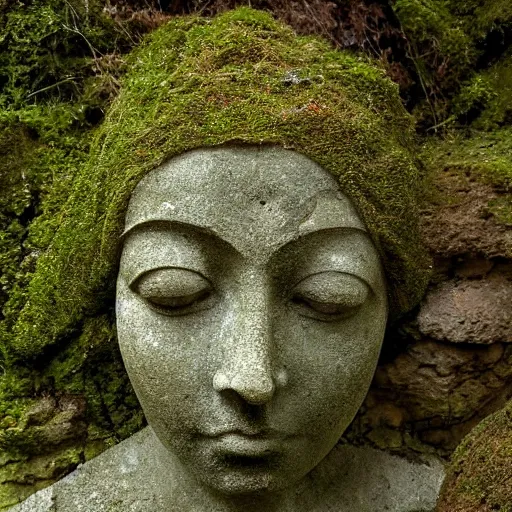 Prompt: a sculpture of a beautiful woman's head as an intricate, delicate tracery of stone, forming a beautiful ancient monument, slowly being covered by moss and lichen