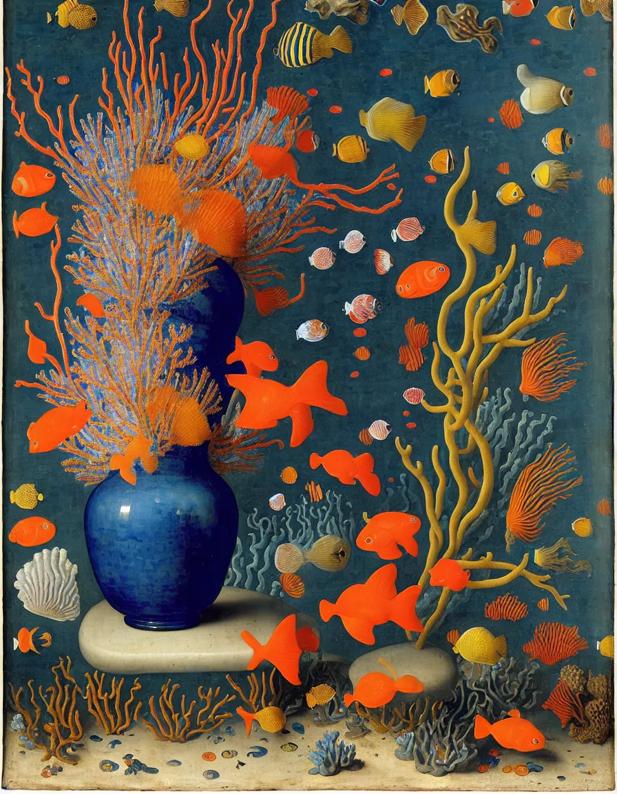 Image similar to bottle vase of coral under the sea decorated with a dense field of stylized scrolls that have opaque outlines enclosing mottled blue washes, with blue cobalt shells and yellow fishes, Ambrosius Bosschaert the Elder, oil on canvas, around the edges there are no objects