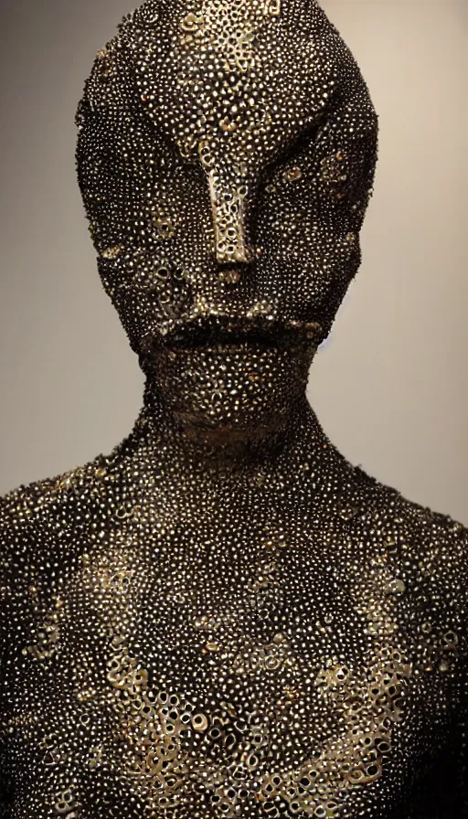 Image similar to a woman with a plastic mask on her face, a surrealist sculpture by alexander mcqueen, trending on pinterest, plasticien, trypophobia, biomorphic, made of plastic