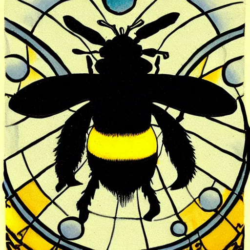 Image similar to a bumblebee in the middle of a bullseye, art nouveau, fantasy illustration, tarot, dark and angry