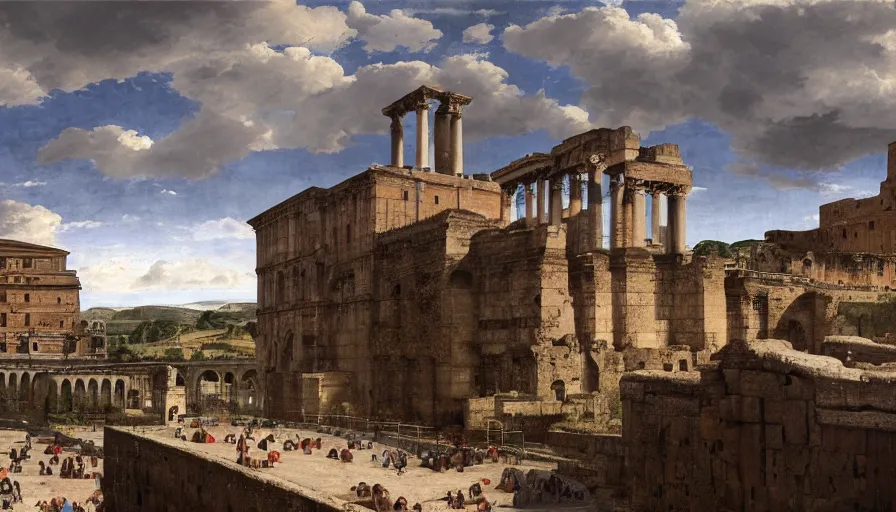 Image similar to ancient rome, aqueduct and roman baths in the background, cupresses, intricate, paint texture, old masters, caravaggio, repin, solid anatomy, elegant, volumetric lighting, digital painting, highly detailed, artstation, sharp focus, illustration, concept art, ruan jia, steve mccurry, charlie bowater, norman rockwell, masterpiece, 8 k