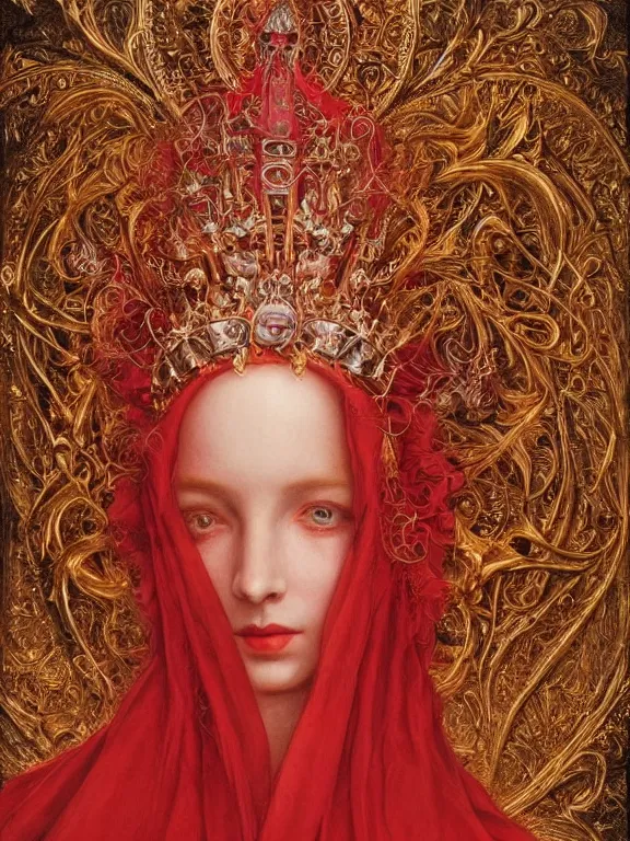 Image similar to a beautiful render of baroque catholic veiled red queen , with symmetry intricate detailed,by LEdmund Leighton, peter gric,aaron horkey,Billelis,trending on pinterest,hyperreal,jewelry,gold,intricate,maximalist,glittering,golden ratio,cinematic lighting