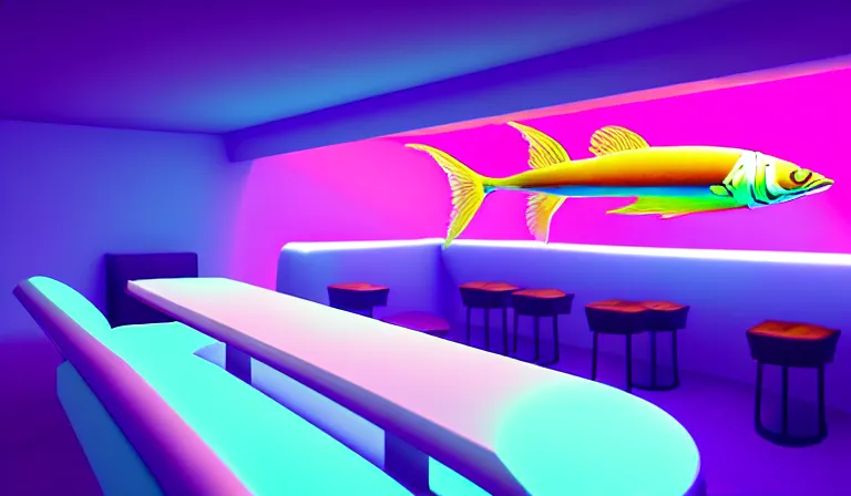 Image similar to a beautiful, sharp focus, clean lines. the interior of an art deco undersea restaurant. vaporwave ombre rendering. outrun style. fish. neon backlit jellyfish. trending on artstation. recommended for you behance. by chris moore. by edward hopper. ambient occlusion. digital matte painting. metropolis filmic. gotham city.