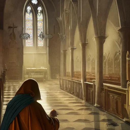 Prompt: epic portrait an hooded man praying in a church during a battlefield, digital painting, artstation, concept art, soft light, hdri, smooth, sharp focus, illustration, fantasy, intricate, elegant, highly detailed, D&D, matte painting, in the style of Greg Rutkowski and Alphonse Mucha and artemisia, 8k, highly detailed, jurgens, rutkowski, bouguereau, pastoral, rustic, georgic, detailed concept art, illustration, colorful pastel, painting, detail, ultra detailed, digital art, 4K,
