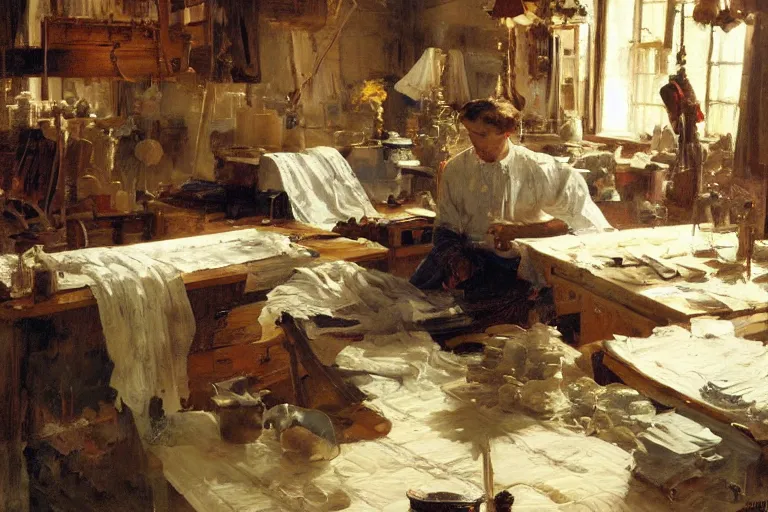 Image similar to oil painting of quilter working on a beautiful quilt in their workshop, art by anders zorn, wonderful masterpiece by greg rutkowski, beautiful cinematic light, american romanticism by greg manchess, jessica rossier and norman rockwell