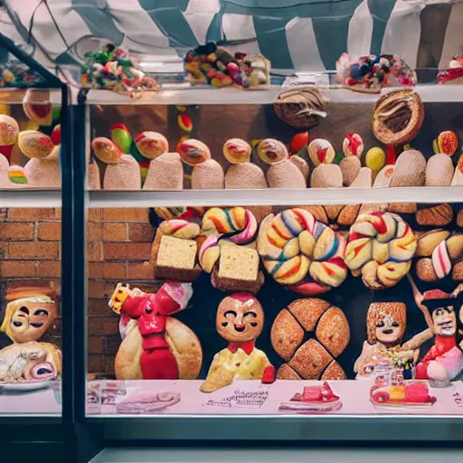 bakery made of candy with anthropomorphized bread | Stable Diffusion