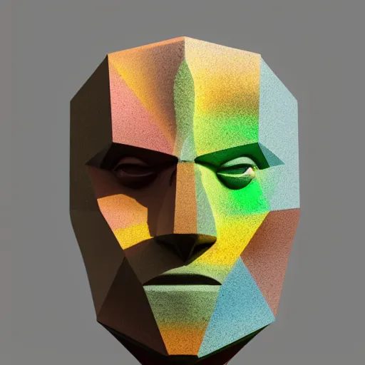 Prompt: a stone cubist head sculpture, transparency of rainbow-coloured cast glass, face, 4k, ultra realistic, octane render, realistic shadows, angled light, octane render, gradients, lagoon, jelly, hyperrealistic, trending on cg station, subtle lighting, symmetry