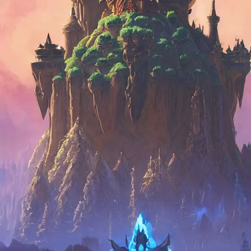 Image similar to An imposing and highly ornamented fantasy castle, Carved from Sapphire stone, Atmosphere, Dramatic lighting, Beautiful Landscape, Epic composition, Wide angle, by Miyazaki, Nausicaa Ghibli, Breath of The Wild