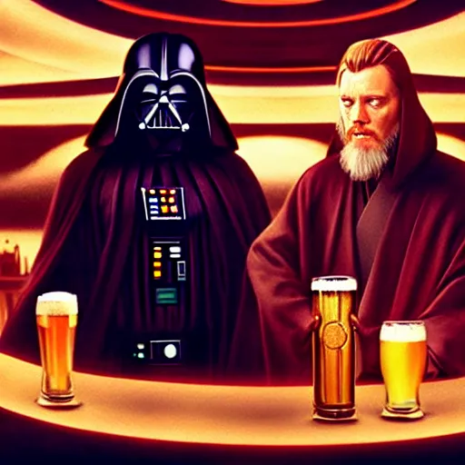 Prompt: star wars palpatine and obi wan drin beer in a sci - fi bar, movie still, screenshot, photorealistic painting, fanart, highly detailed