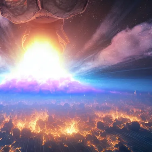 Image similar to a nuclear blast mushroom cloud on earth shattering doomsday seen from outer space comicbook style volumetric lighting birdeye view realistic 3d rendering octane render