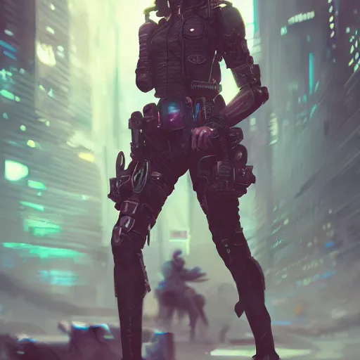 Prompt: a cyberpunk hunter, chasing her enemies, by WLOP, high quality, trending on artstation