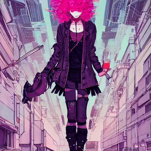 Image similar to a long long long shot in wielding pose of a grungy cyberpunk anime, very cute, by super ss, cyberpunk fashion, curly pink hair, night sky by wlop, james jean, victo ngai, muted colors, highly detailed