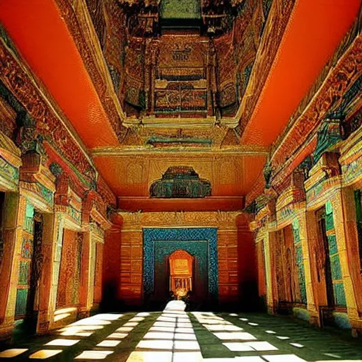 Prompt: inside a majestic, highly detailed beautiful very tall temple by raghu rai, light rays, rayleigh scattering