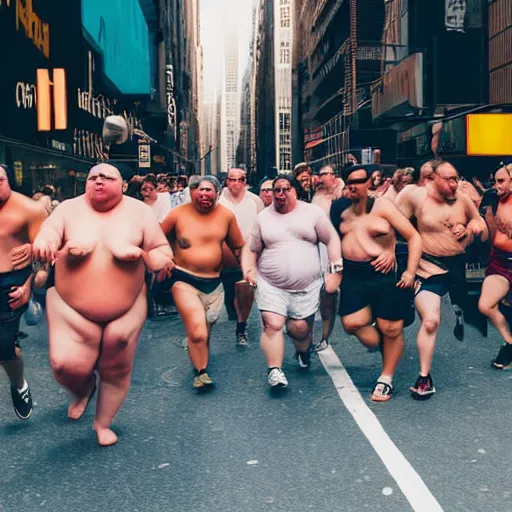 Prompt: portrait of a horde of fat shirtless people raiding the streets of new york city, motion blur, 4 k editorial photograph, soft lighting, people running