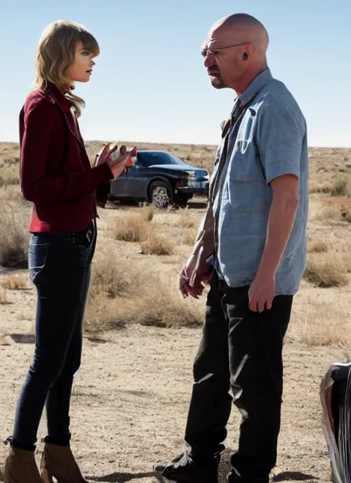 Image similar to TV still of taylor swift in breaking bad. Speaking to Walter White