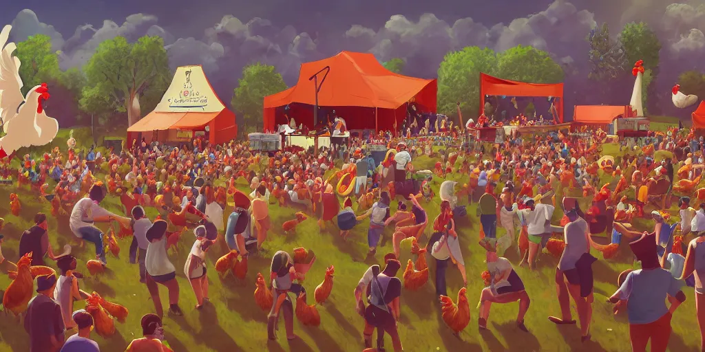Prompt: large music festival with chicken as audience and rooster band playing guitars on the stage. artstation.