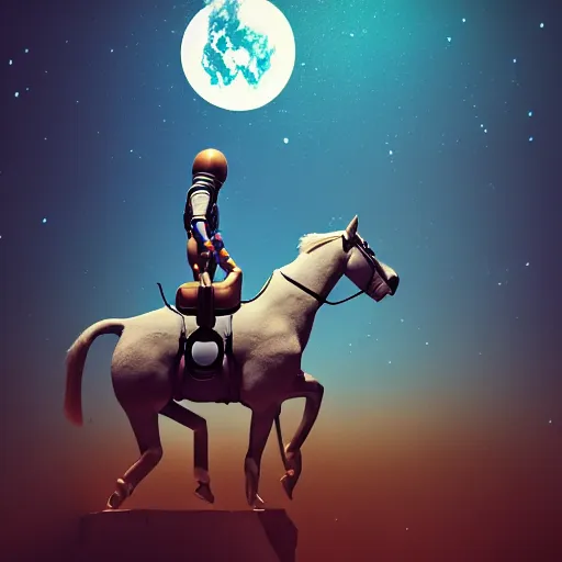 Image similar to photography of anthropomorphic horse riding on top of an astronaut back. from western by hiroyuki okiura and katsuhiro otomo and alejandro hodorovski style with many details by mike winkelmann and vincent di fate in sci - fi style. volumetric natural light photo on dsmc 3 system,