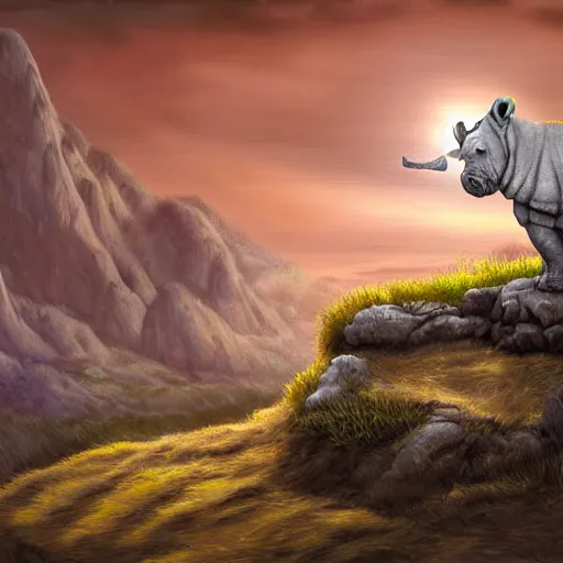 Image similar to digital painting of a fuzzy, white rhinoceros posing triumphantly on a craggy rock promontory at sunrise, highly detailed, painted in the style of sam nielson, world of warcraft art