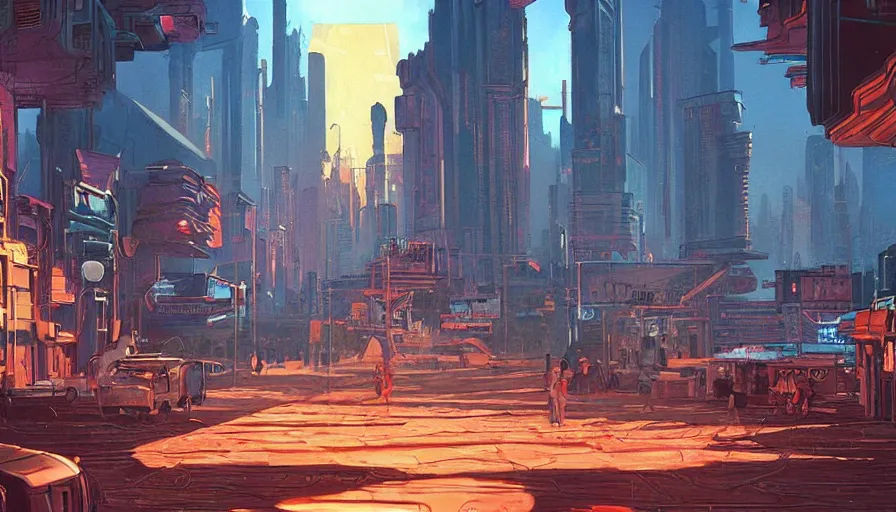 Image similar to a beautiful painting of a retro future cityscape, ray traced lighting by jean claude mezieres