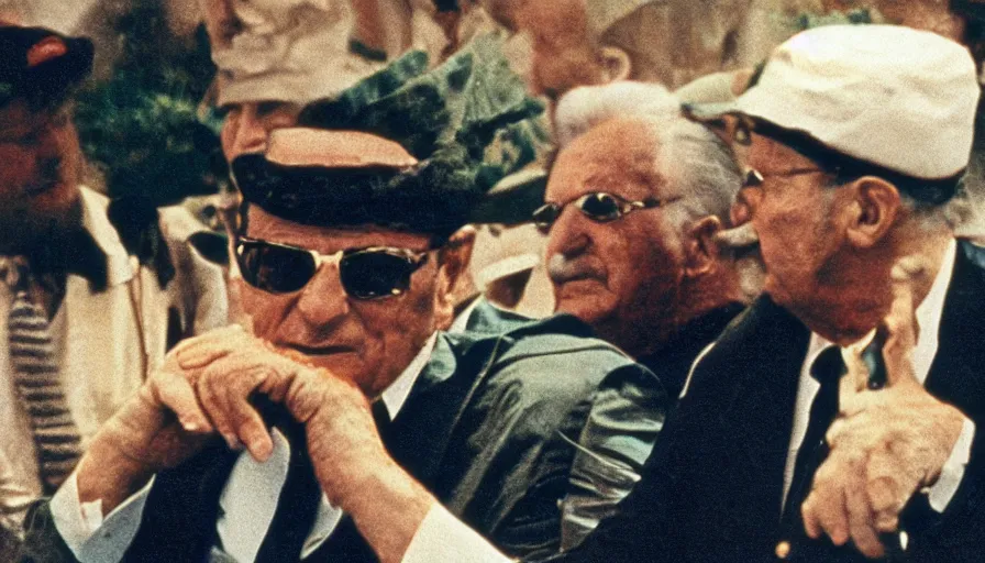 Prompt: 60s movie still close-up portrait of Josip Broz Tito chilling with Fidel Castro, cinestill 800t 120mm eastmancolor, cinematic, very detailed, skin texture, high quality